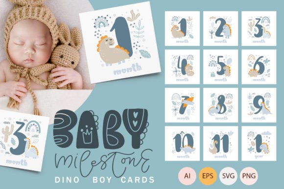 Baby Milestone Dino Boy Cards: A Graphic Design Asset for Crafts