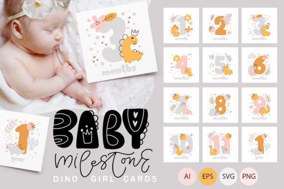 Baby Milestone Dino Girl Cards Graphics for Crafts