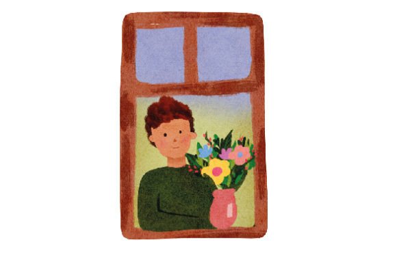 Cute Spring Boy by the Window with Flowers, Watercolor