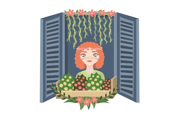 Cute Spring Girl by the Window with Flowers Crafts and Spring Design