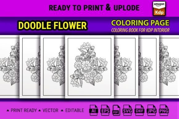 Doodle Flower Coloring Page Book Graphics for Kdp Interiors