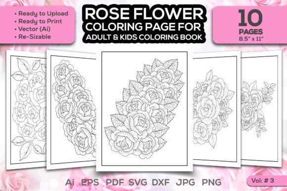 Pink Rose Flower Graphic Coloring Page for Crafting