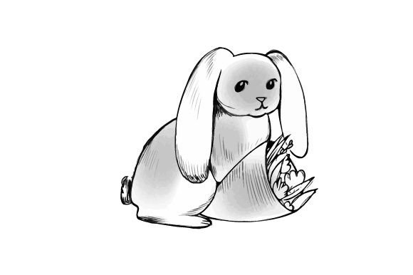 Realistic Rabbit With Flowers, Charcoal Illustration for Spring Crafts