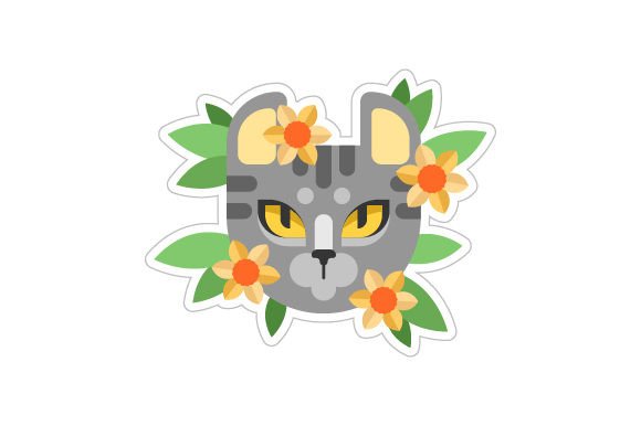 Spring Cat with Flowers, Sticker Style for Crafts and Spring