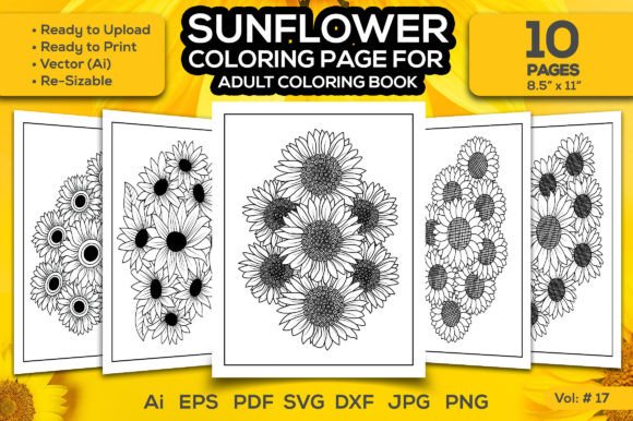 Sunflower Adult Coloring Page Bundle Svg