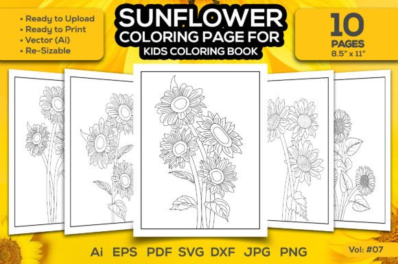 Sunflower Kids Coloring Book Page Print Graphics